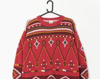 Vintage red Boho jumper with wooden beads and aztec pattern - Medium/Large