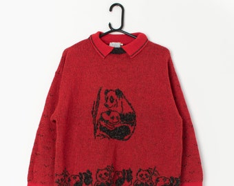 Jaren '90 vintage panda-trui met kraag in rood - Medium / Large