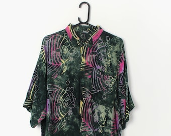 Vintage mens tie dye shirt with allover colourful green, pink and yellow fish pattern - Medium / Large
