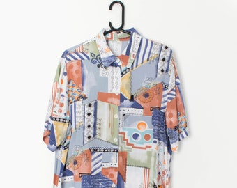 Vintage artistic womens shirt with multicoloured geometric pattern - Medium/Large