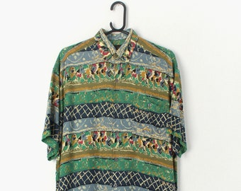 Mens vintage crazy print shirt with stunning pattern in green, mustard yellow and navy - Medium