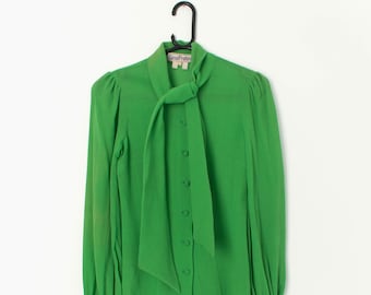 Vintage 70s Gina Fratini blouse with tie front collar in bright green - XXS