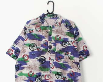 Quarter button patterned mens shirt with unusual print in white, blue, green and red - Medium / Large