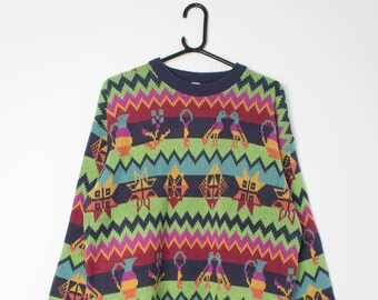 Womens vintage bright jazzy aztec longline knitted pullover in rainbow colours - Medium / Large