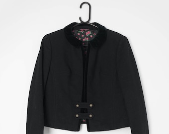 Veste vintage noire par B+W Modell, laine noire avec col en velours et superbe doublure rose, années 60-80 - Petit / Moyen