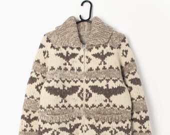 Mens vintage chunky jumbo hand knit cowichan style zipped jumper jacket with beige bands and eagle pattern- Small / Medium