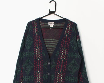Womens vintage longline cardigan in navy with green and red aztec design and tassels. Made in USA - Medium / Large