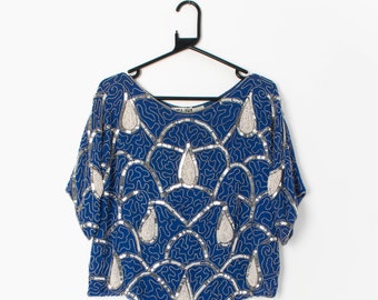 Vintage blue silk top with silver sequins and faux pearl teardrop pattern - Medium / Large
