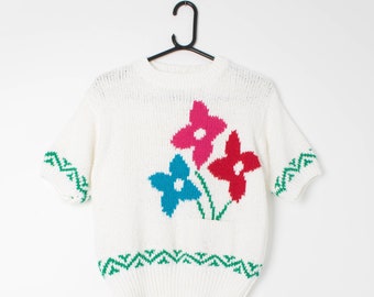 Vintage hand knitted short sleeve jumper / sweater with cute flower pot pocket - Medium / Large