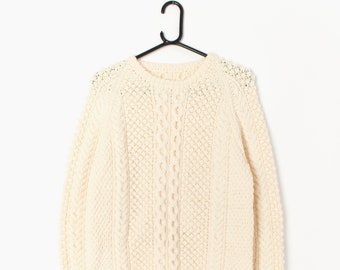 Womens hand knitted vintage cable knit pullover jumper in white / cream -  Medium