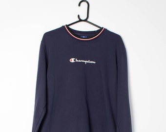 Navy Champion sweatshirt with multicoloured cuffs and hem, crewneck - Small / Medium