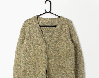 Vintage hand knitted cardigan in mottled green beige - Small / Medium