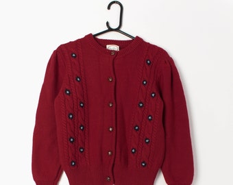 Vintage red folk style cardigan with floral embroidery and cable knit design, Wolkenstricker style - Medium