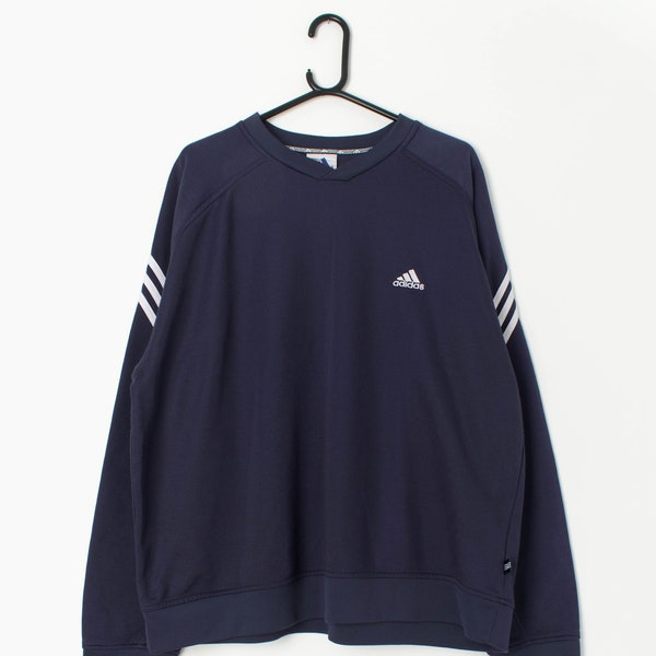 Sudadera Adidas vintage Y2K azul marino con rayas blancas - XL