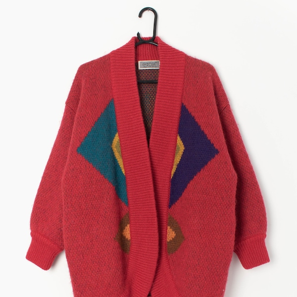 80s red longline cardigan with diamond design by Excel - Small / Medium