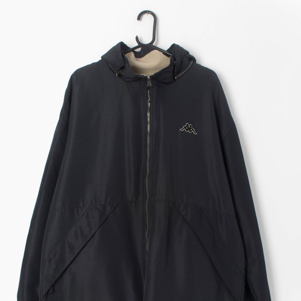 Vintage 90s Kappa reversible hooded jacket black with beige fleece - Large / XL