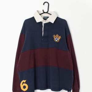 90s Polo Ralph Lauren Rugby Shirt in Burgundy and Navy - XXL