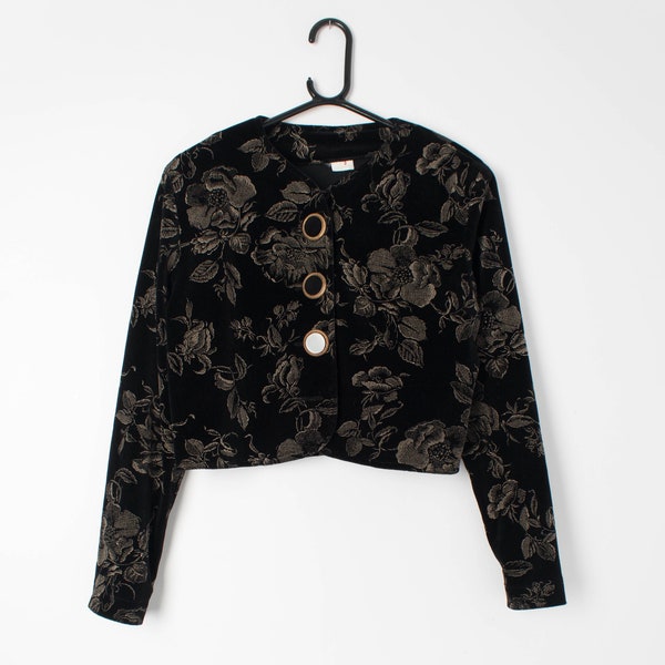 Veste courte noire vintage des années 80 pour femme, boutons avec motif floral imprimé doré - Petit