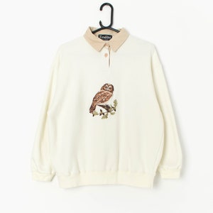 Vintage collared sweatshirt with embroidered owl in cream and brown Large image 1