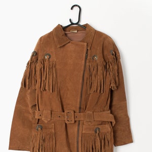 Vintage suede Jacket tan brown with belt and fringe details 1980s Western inspired Small image 1