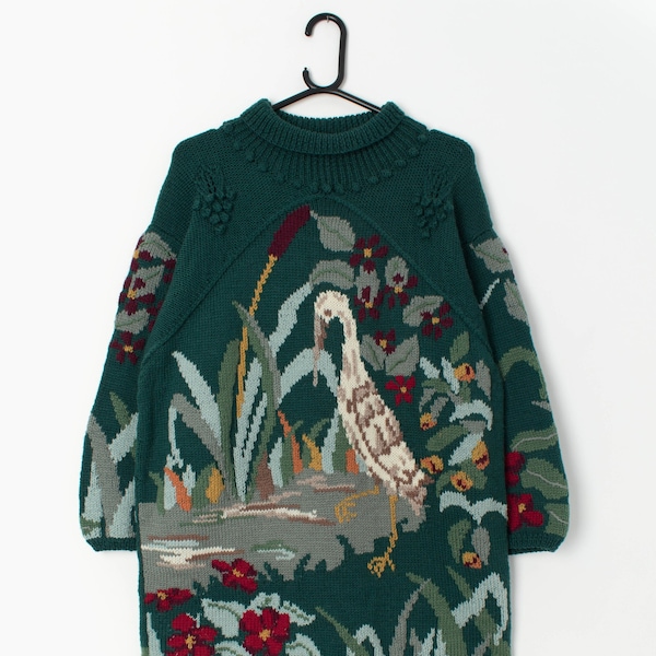 Vintage longline bird jumper in green with heron and pond design - Medium / Large