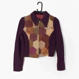 Vintage suede patchwork jacket with purple sleeves pointed collar and honeycomb pattern 1970s - Small