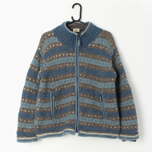 Vintage Pachamama zipped wool jacket in grey and blue stripes - Medium / Large