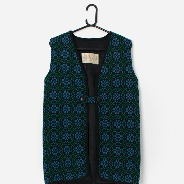 Vintage Welsh wool vest in black with blue and green abstract design - Medium