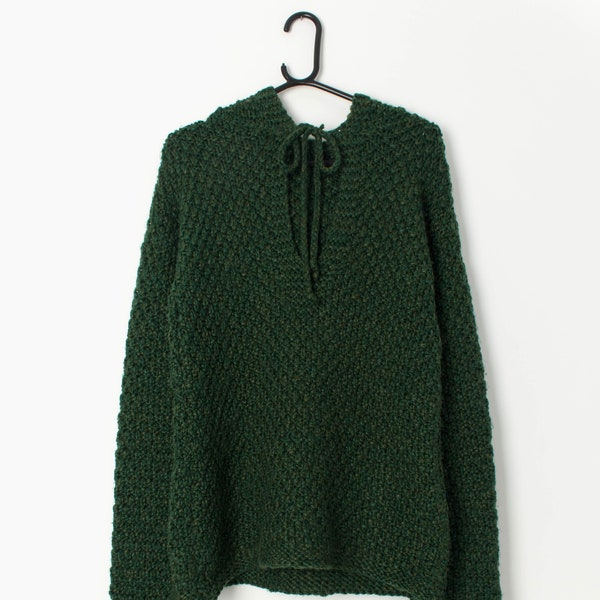 70s chunky knit hooded jumper, hand knitted in forest green wool - Medium