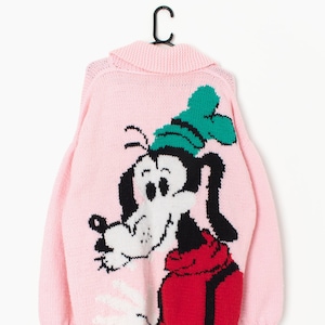 Vintage handknitted cardigan coat with Goofy design, cartoon sweater in baby pink - Large / XL