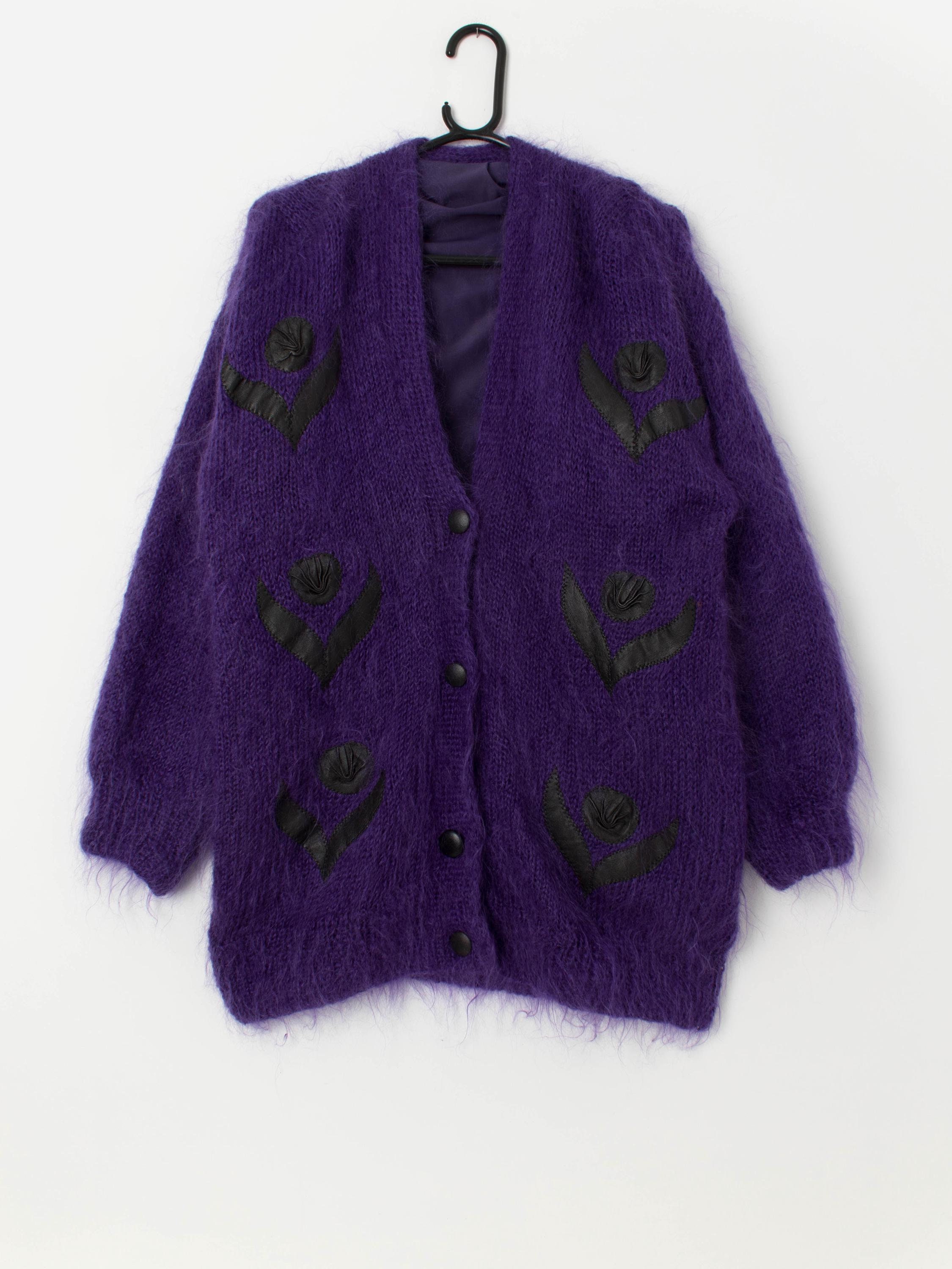 80s Purple Mohair Cardigan Coat With Black Floral Appliqué 80s Purple Mohair Cardigan Coat With Black Floral Appliqué