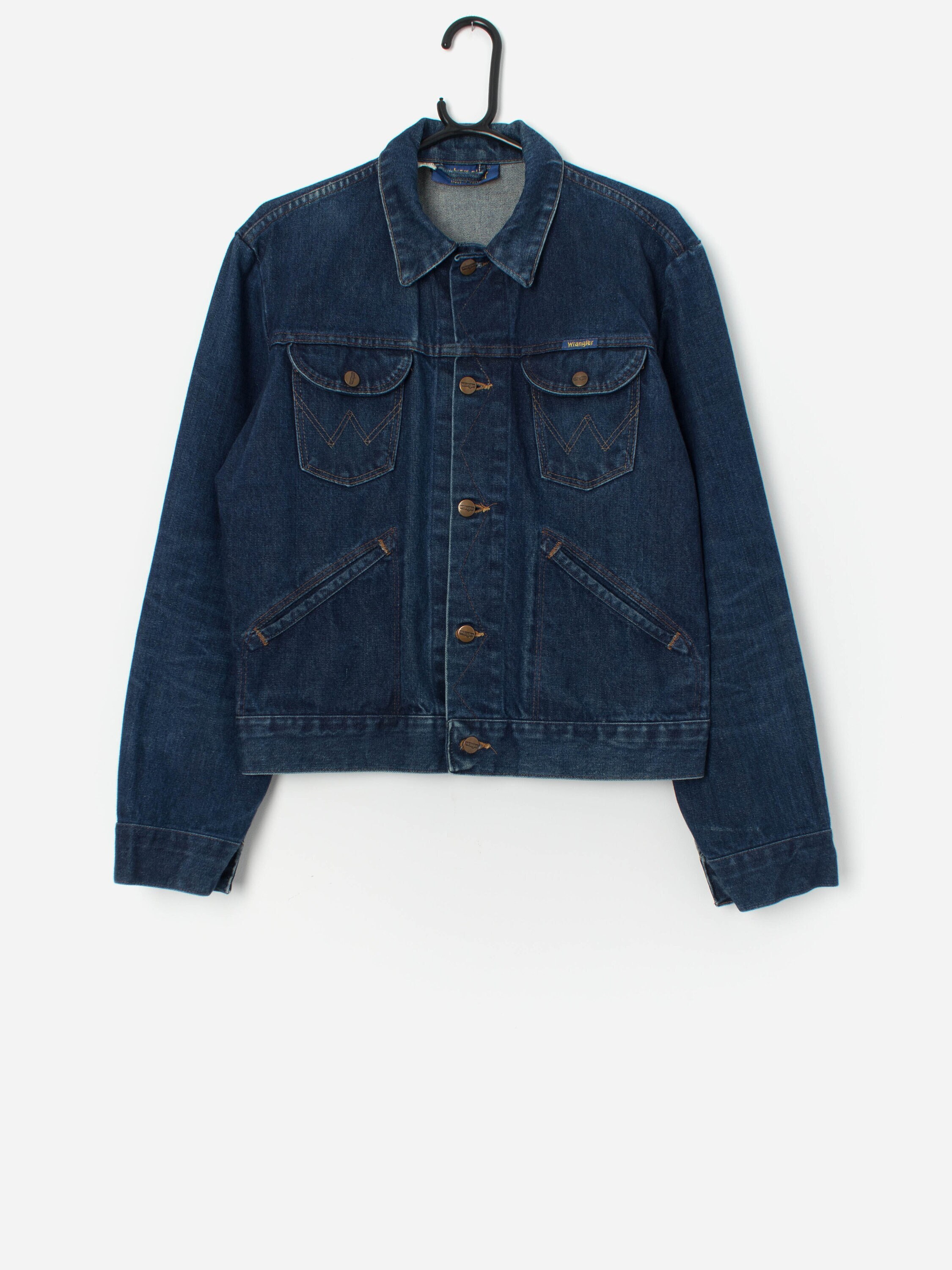 Vintage Wrangler Denim Jacket in Dark Blue, Made in Malta Small 