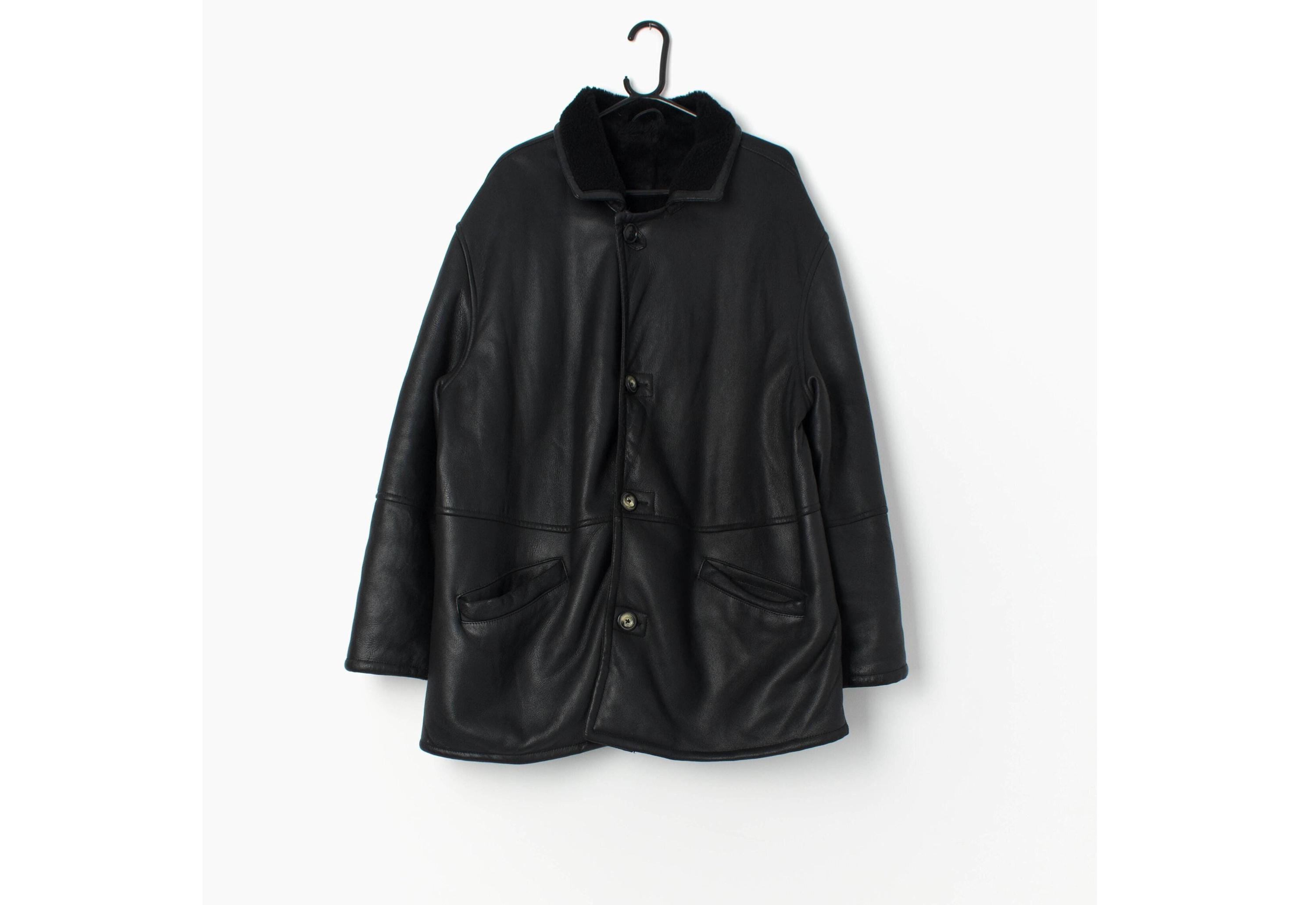Vintage Black Leather Sheepskin Jacket 80s Shearling Fluffy Vintage Black Leather Sheepskin Jacket 80s Shearling Fluffy