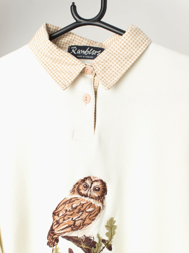 Vintage collared sweatshirt with embroidered owl in cream and brown Large image 2