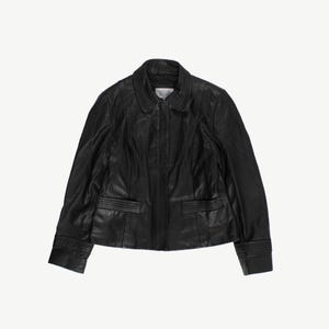 Blouson en cuir noir, veste rétro classique ajustée pour femme - Petit