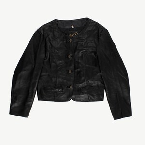 Veste courte noire en cuir véritable des années 80, boutons Oklahoma, vintage des années 80 fabriqué en Angleterre - Medium
