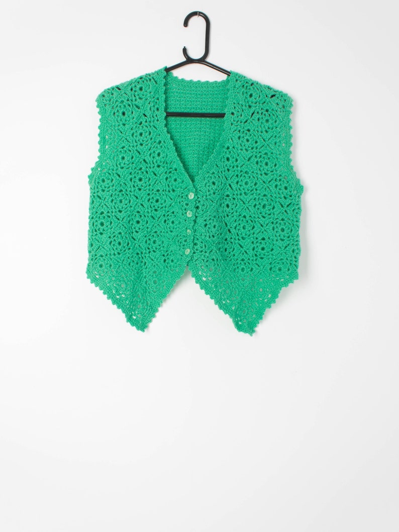 Vintage crochet vest in apple green, hand knitted bohemian summer Medium / Large image 1