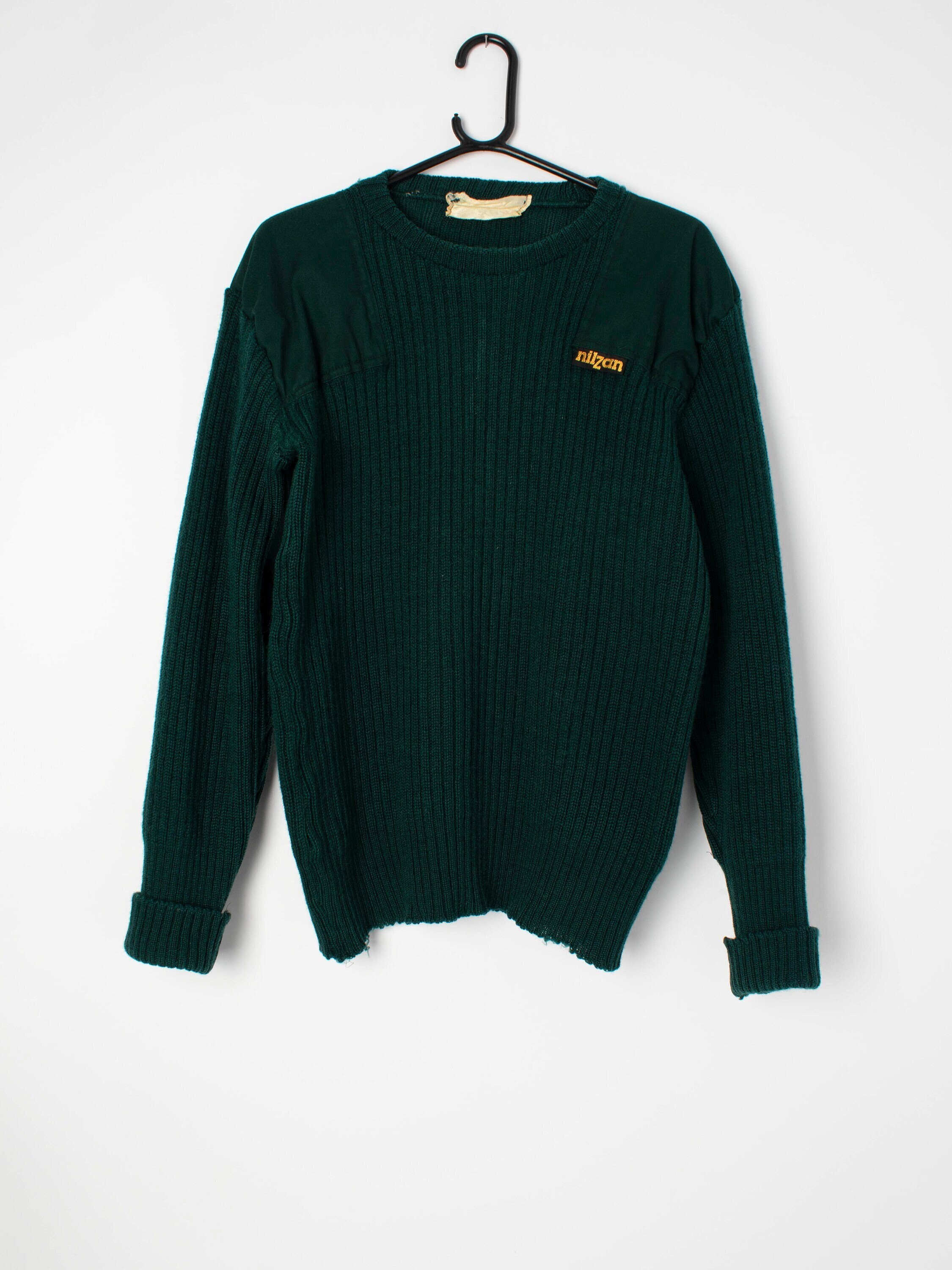 StCyrVintage Mens Vintage Military Style Jumper in Green with Shoulder Details Workwear Style 1980s - Large