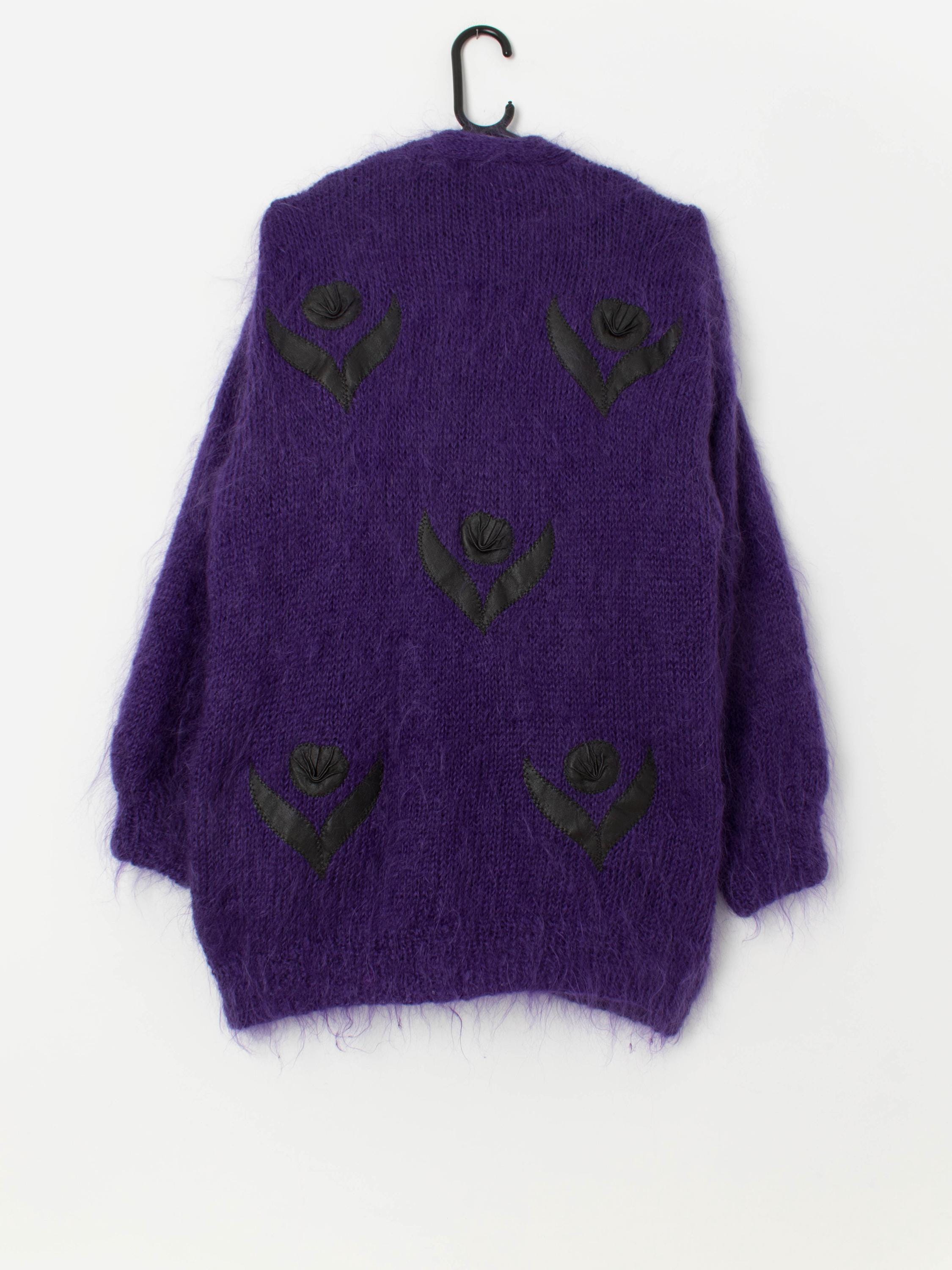 80s Purple Mohair Cardigan Coat With Black Floral Appliqué 80s Purple Mohair Cardigan Coat With Black Floral Appliqué