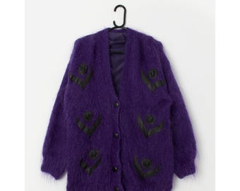 80s Purple Mohair Cardigan Coat With Black Floral Appliqué 80s Purple Mohair Cardigan Coat With Black Floral Appliqué