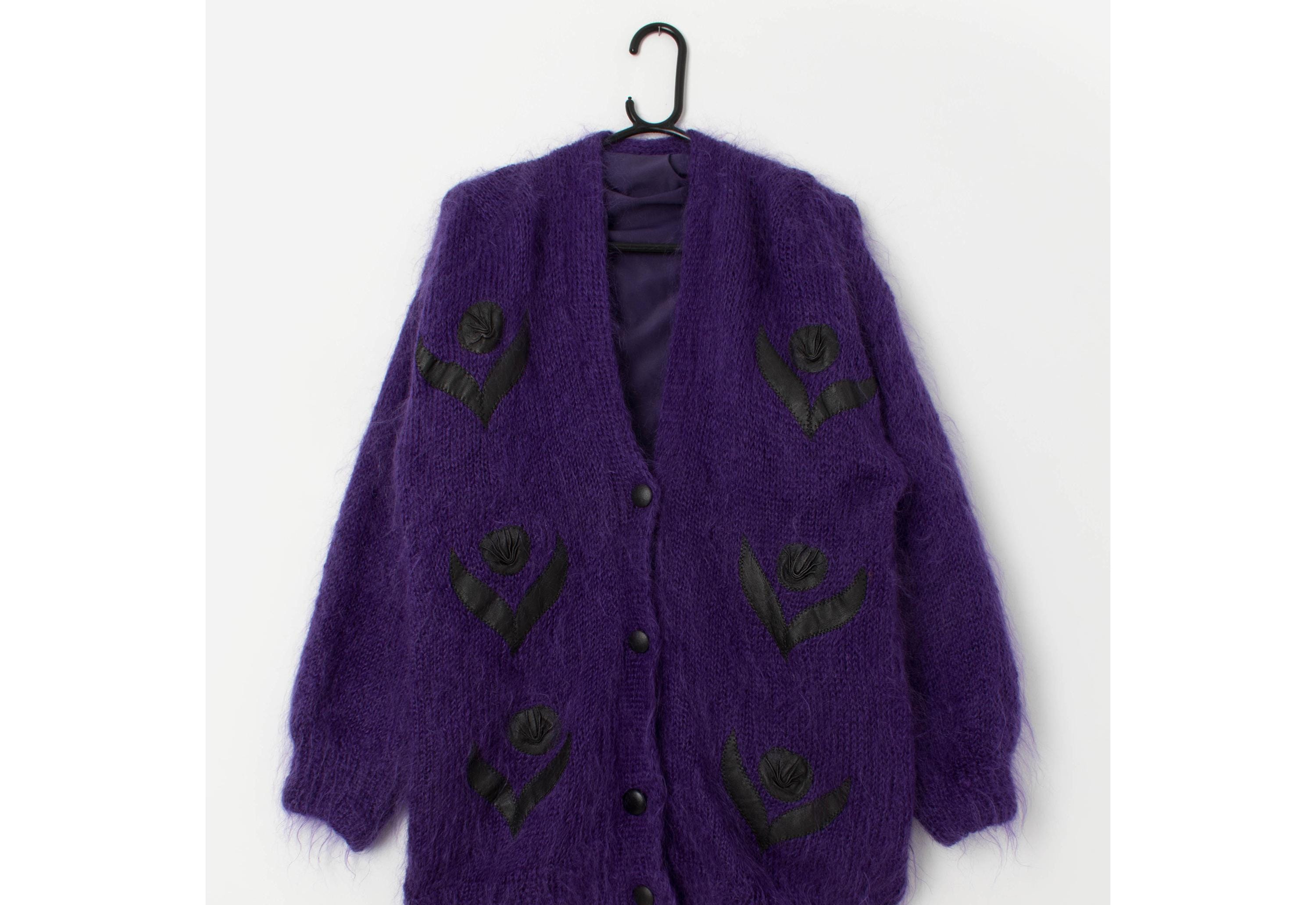 80s Purple Mohair Cardigan Coat With Black Floral Appliqué 80s Purple Mohair Cardigan Coat With Black Floral Appliqué