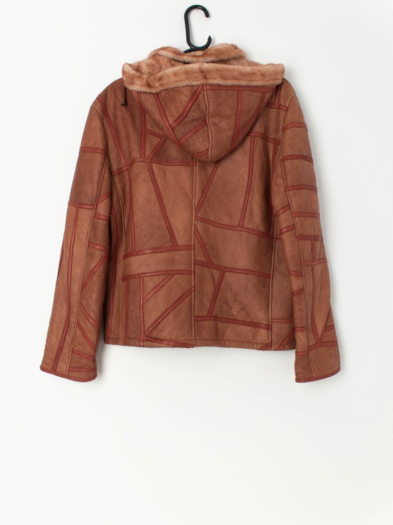 Vintage sheepskin jacket in tan with hood and she… - image 3