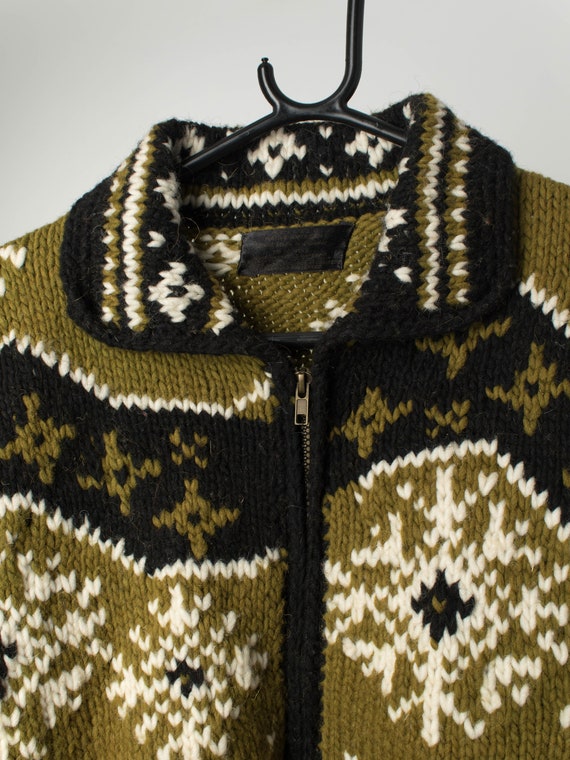 1960s vintage Cowichan sweater in olive green, bl… - image 2