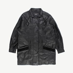 Veste en cuir véritable surdimensionnée pour femme, longue veste en cuir vintage noire - Grande