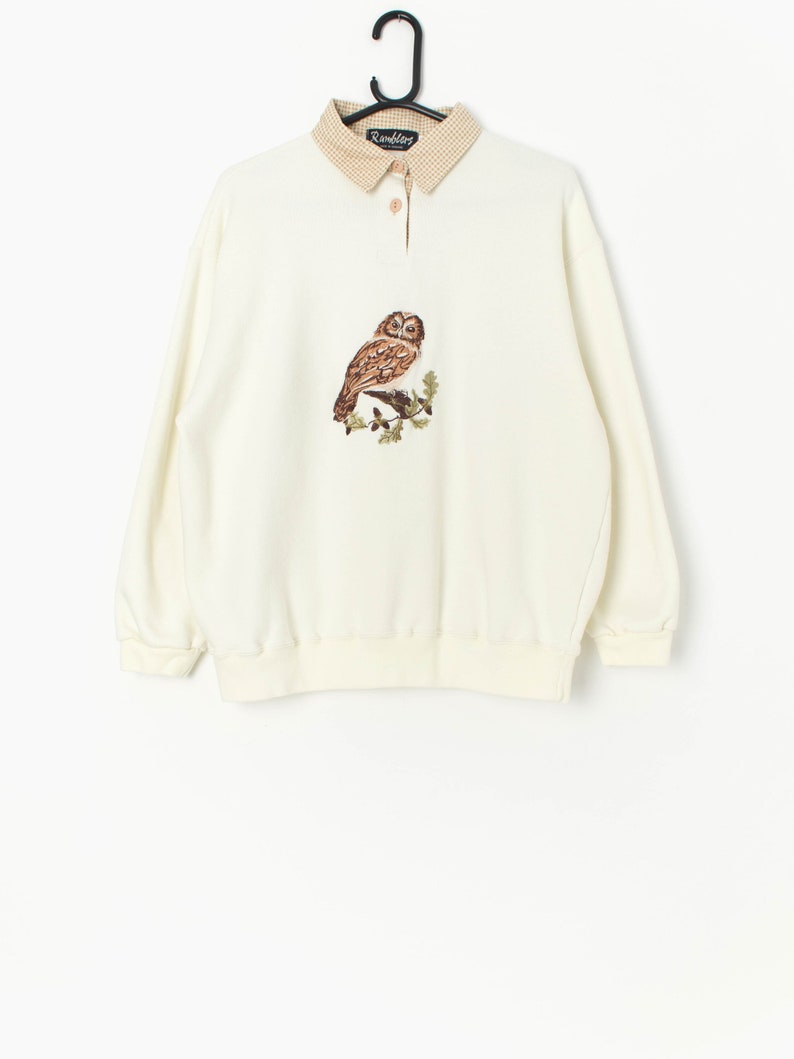 Vintage collared sweatshirt with embroidered owl in cream and brown Large image 1