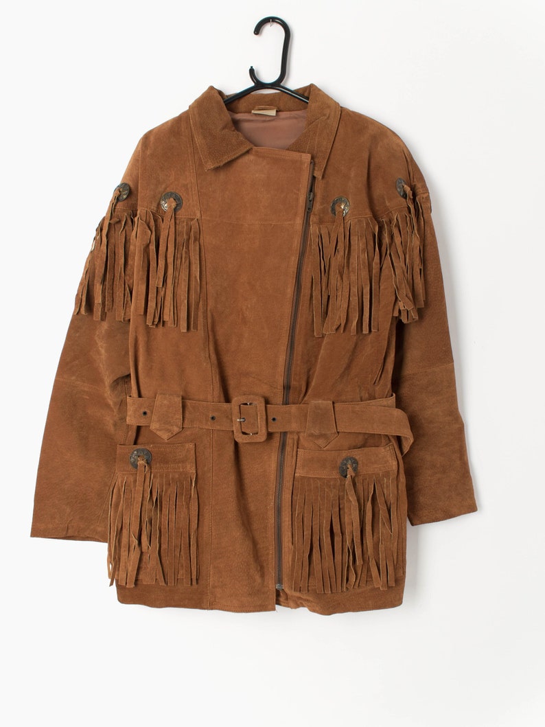 Vintage suede Jacket tan brown with belt and fringe details 1980s Western inspired Small image 1