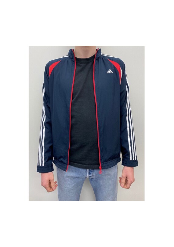 Boys Vintage Adidas Jacket in Navy, White and Red Zip-Up Lightweight Sports Jacket with Three Stripes - Age 15-16 Years