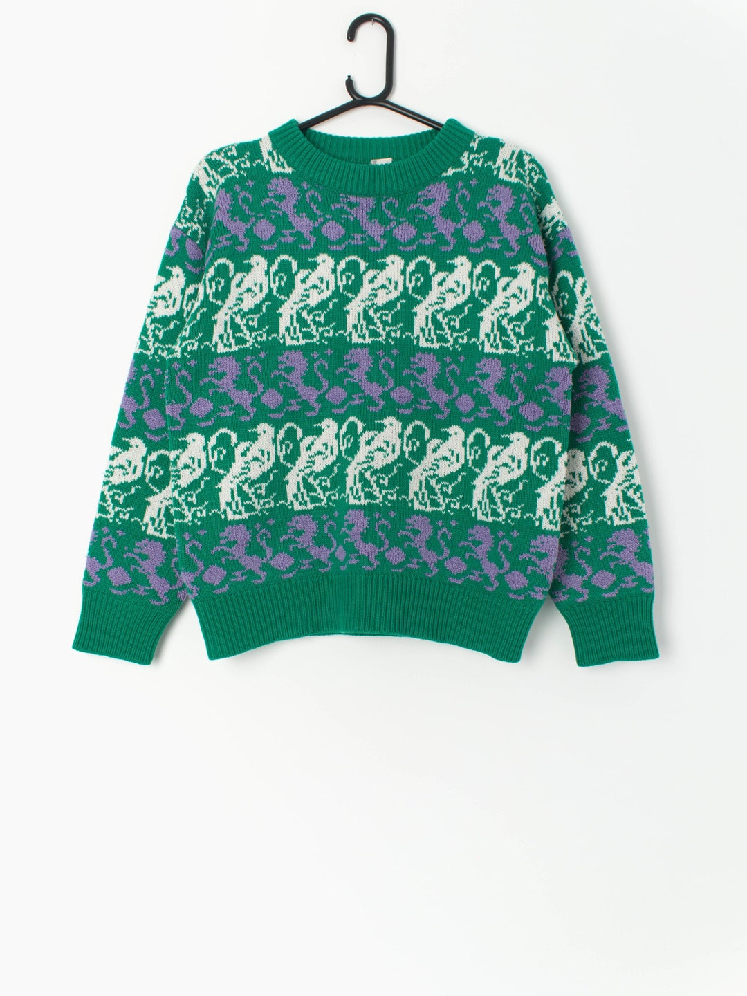 80s Green Sweater With Dragon and Bird Repeating Pattern - Etsy