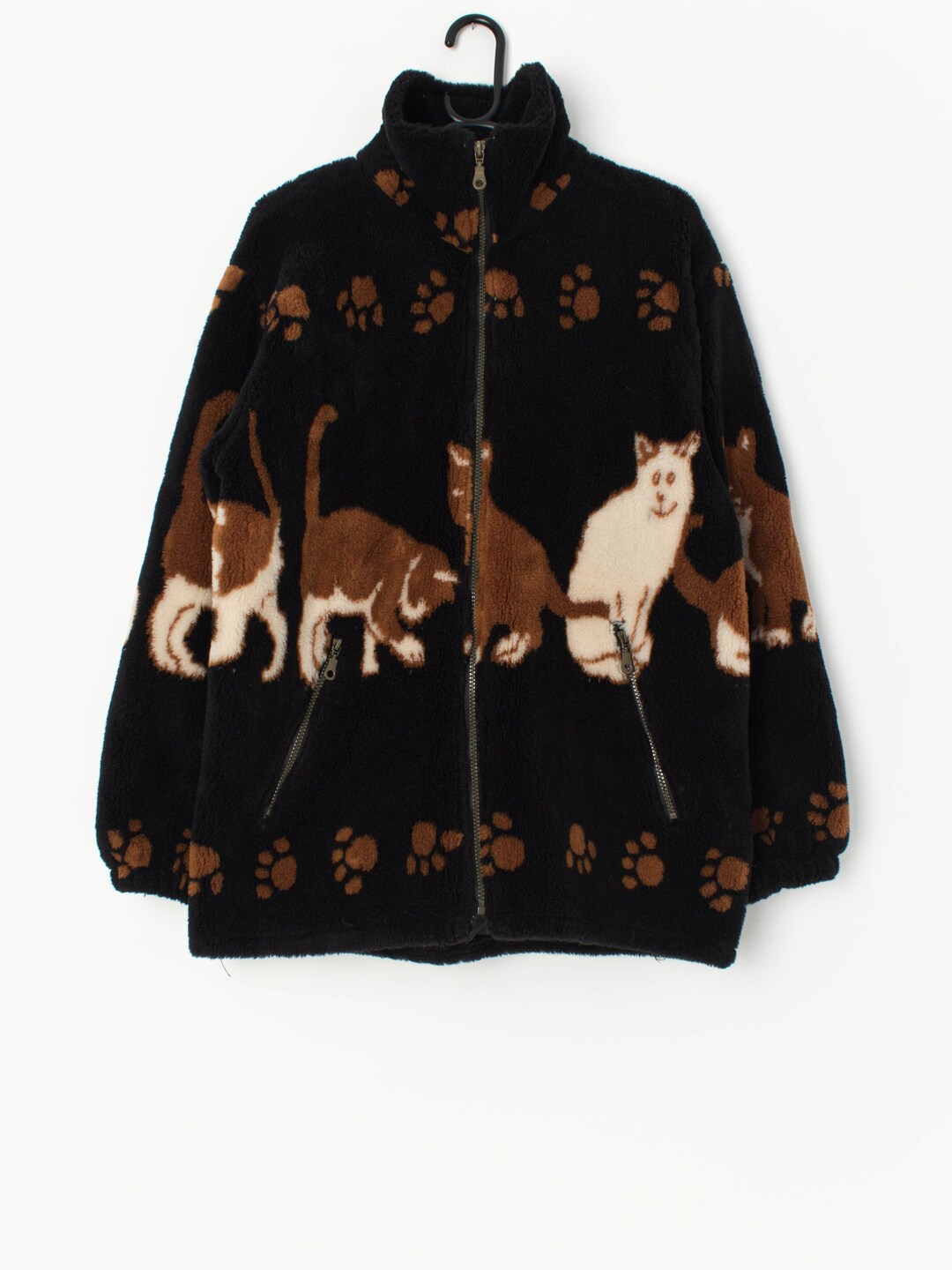 Vintage Cat Fleece Jacket in Black and Brown Medium / Large Etsy