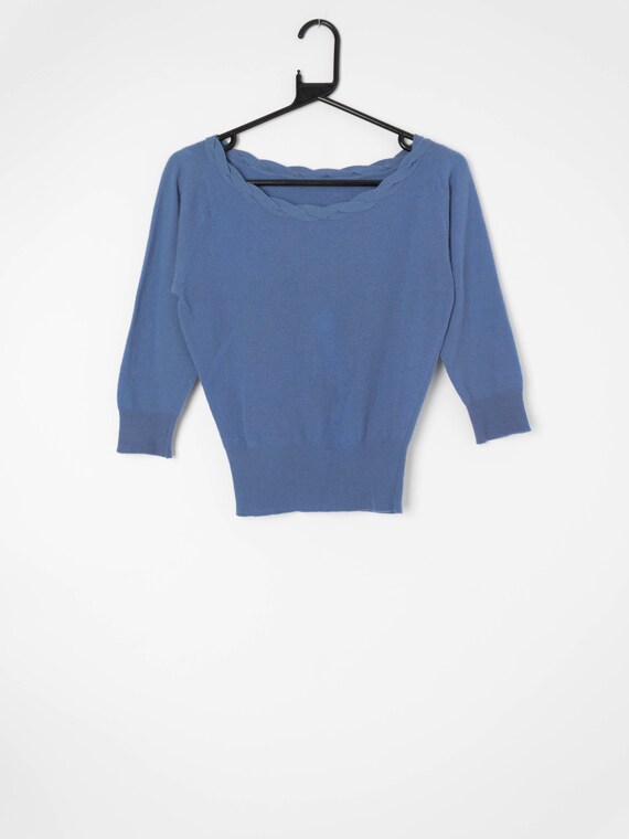 StCyrVintage Womens 1950s Vintage Cashmere Sweater in Cornflower Blue with Twisted Neck Detail - Extra Small / Small